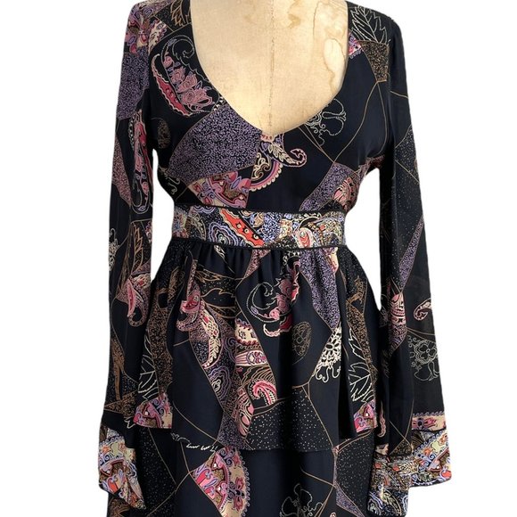 Elizabeth and James Silk Layered Asian Print Flowy Mini Dress sz 4 - Picture 3 of 7